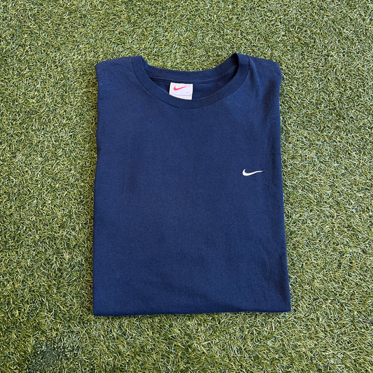 1990s Nike White Tag Navy Tee/White Swoosh Size XL USED v15742