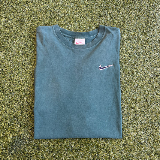1990s Nike White Tag Green Tee/Blue Swoosh Size XL USED v15735