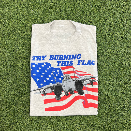 1989 Try Burning This Flag Fighter Jet Grey Tee Size Large USED v14724