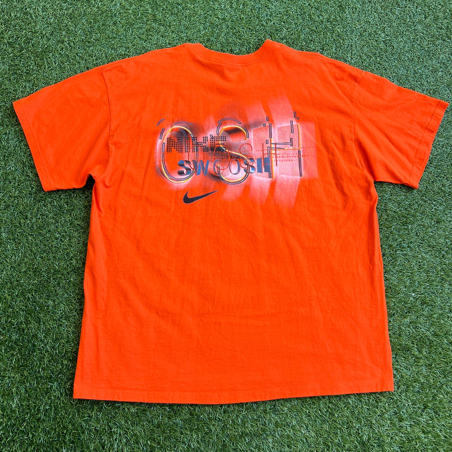 1990s Nike Swoosh Spellout Orange Tee Size XL USED v15746
