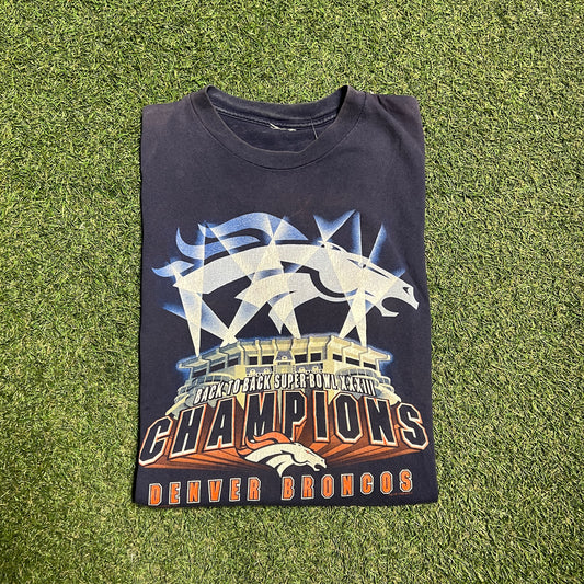 1999 Back to Back Super Bowls Broncos Navy Tee Size XL USED v14677