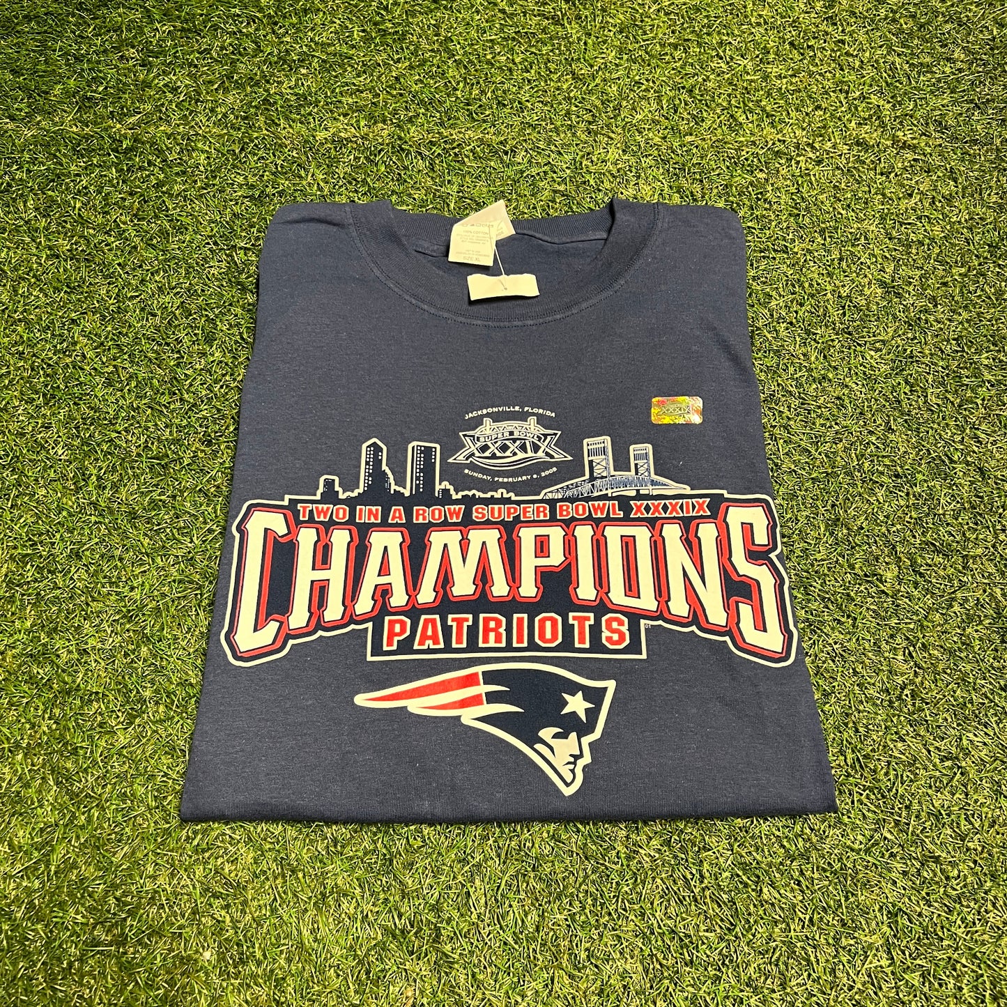 2005 Patriots Super Bowl Champions Navy Blue Tee Size XL NEW v13993