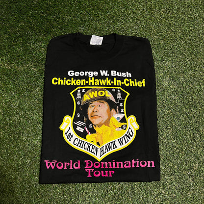 Y2K George Bush Chicken Hawk in Chief Black Tee Size Medium USED v15776