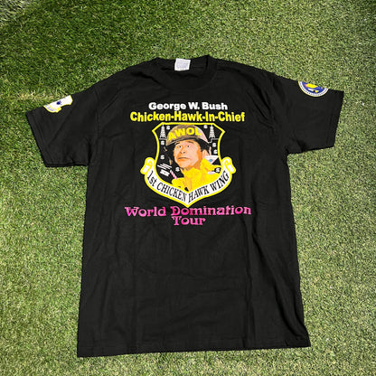 Y2K George Bush Chicken Hawk in Chief Black Tee Size Medium USED v15776
