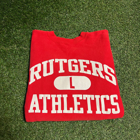 1990s Rutgers Athletics Red Champion Reverse Weave Crewneck Size Large USED v15774