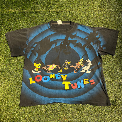 1992 Looney Tunes Spiral All Over Print Black Tee Size XL USED v13972