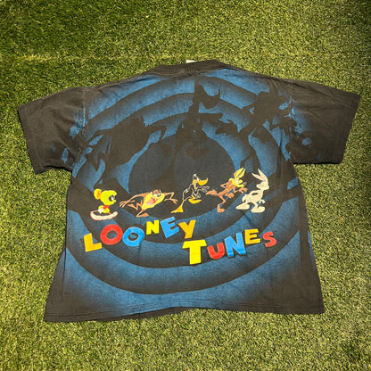 1992 Looney Tunes Spiral All Over Print Black Tee Size XL USED v13972