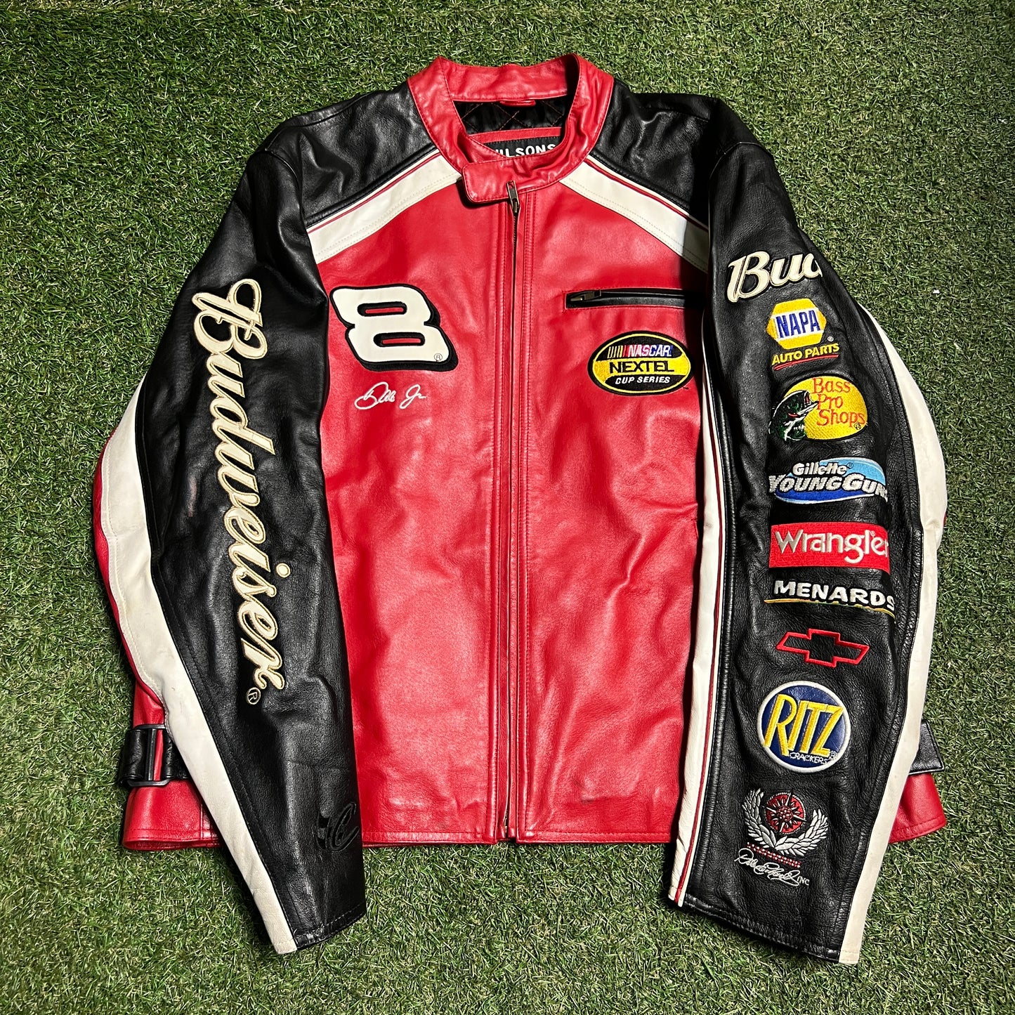 Wilsons Leather Chase Budwesier #8 Red Leather Jacket Size XL USED v15809
