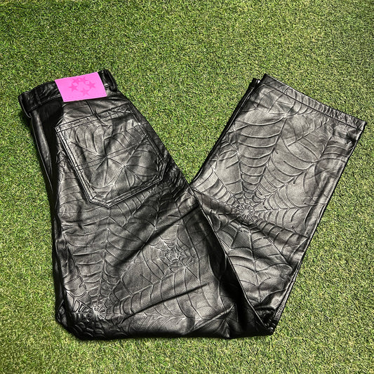 Sp5der Web Black Leather Pants Size 32 NEW x12377