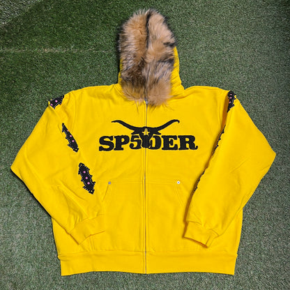 Sp5der Fur Hooded Zip Up Yellow Sweatshirt Size XL NEW x12375