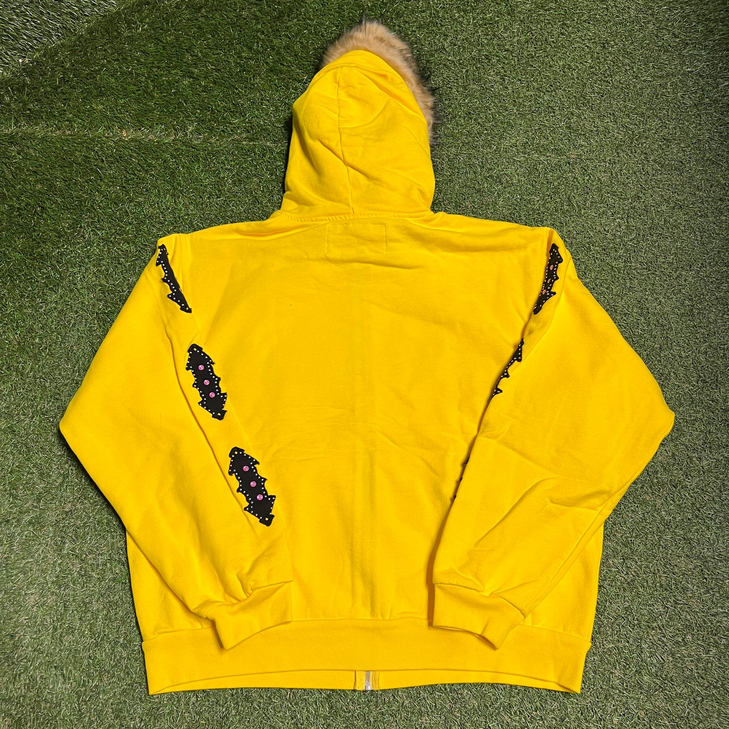 Sp5der Fur Hooded Zip Up Yellow Sweatshirt Size XL NEW x12375