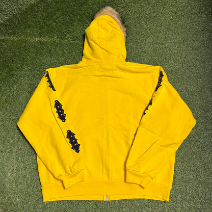 Sp5der Fur Hooded Zip Up Yellow Sweatshirt Size XL NEW x12375