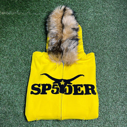 Sp5der Fur Hooded Zip Up Yellow Sweatshirt Size XL NEW x12375