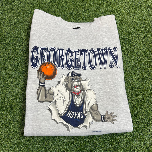 1990s Georgetown Hoyas Bulldog Breakthrough Graphic Grey Crewneck Size XL USED v14041