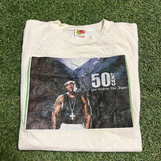 Y2K 50 Cent Get Rich Or Die Tryin White Tee Size Medium USED v8111