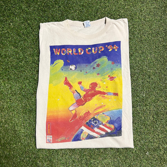 1994 World Cup Peter Max Stamp White Tee Size Large USED v14057