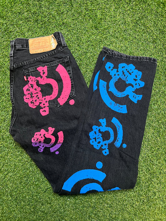 Denim Tears 501 Washed Black Pink/Blue Logo Size 33x32 NEW x7700