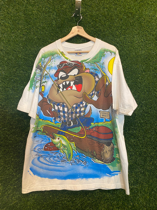 1996 Looney Tunes Tasmanian Devil fishing tee white Size XL USED v11802