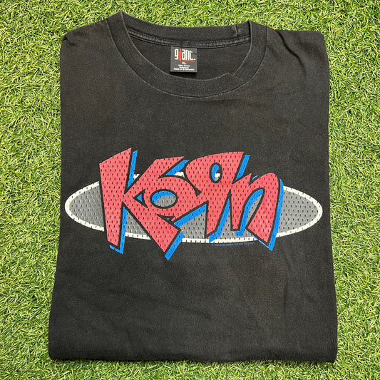 Korn 1990 Mesh Print Logo Black Tee Giant Tag Size XL USED v12506