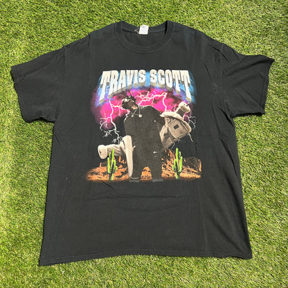 Travis Scott Rap Style Front Graphic Tee Gildan Tag Black Tee Size XL USED x9864