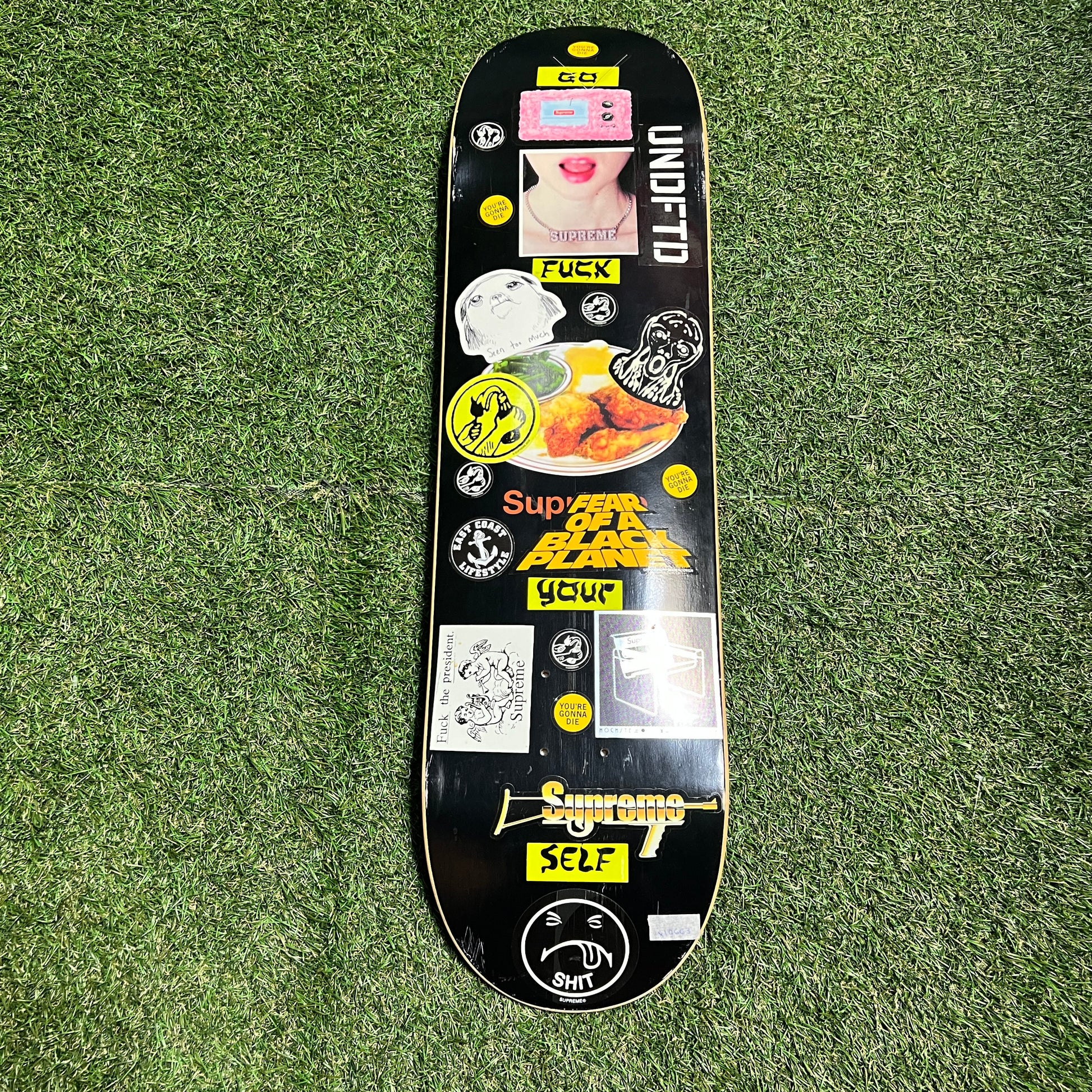 Supreme chicken dinner sticker bombed skateboard USED x10663