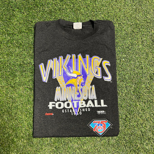 1994 Minnesota Vikings Football Grey Striped Tee Size XL USED v13654