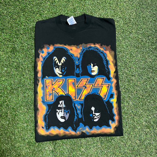 1996 Kiss Tour 4 Faces in Flames Black Tee Jerzees tag Size Large USED v13846